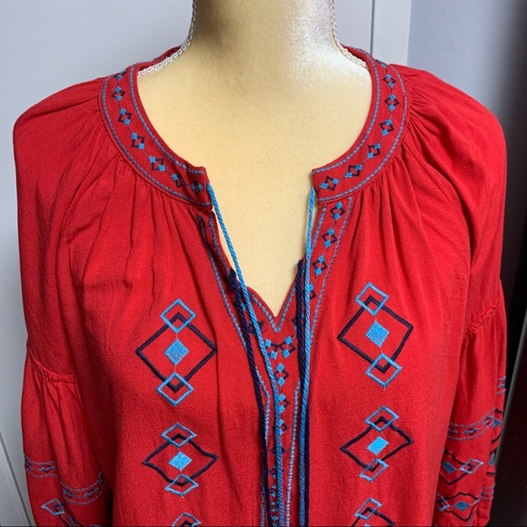 HAYDEN LOS ANGELES BOHO EMBROIDERED DESIGN SELF TIE FRONT BLOUSE SIZE L - Picture 2 of 13